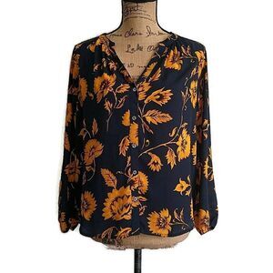 J Crew Womens sz S Top Blue Yellow Sunflower Button Front V Neck Long Slv Blouse